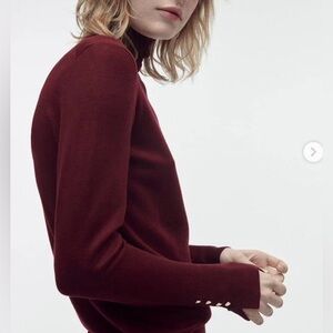 ZARA Basic Button Knit High Collar Sweater SZ S Burgundy Gold Button sleeve